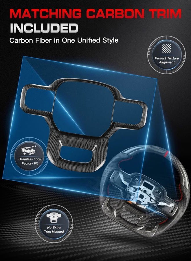 TESFEEL Steering Wheel for F150 Raptor 2021-2024 Real Carbon Fiber with Trim with Heated Red Stripe&Stitching Black Nappa Leather D-shaped Flat-bottom for Raptor with Paddle Shifters - Image 5