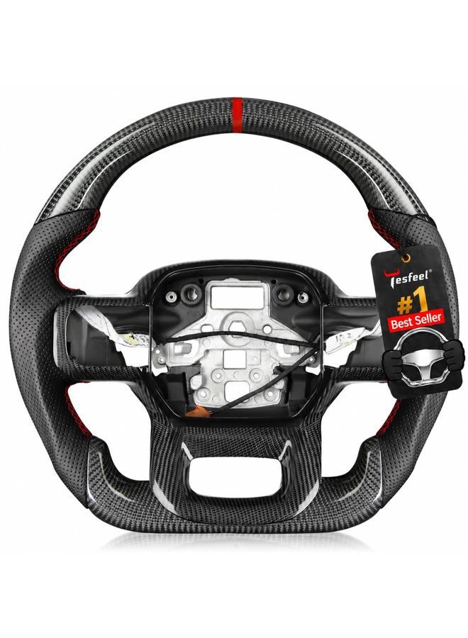 TESFEEL Steering Wheel for F150 Raptor 2021-2024 Real Carbon Fiber with Trim with Heated Red Stripe&Stitching Black Nappa Leather D-shaped Flat-bottom for Raptor with Paddle Shifters - Image 1
