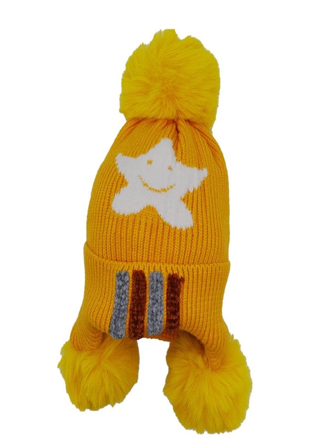FINIX Kids Boy's & Girl's Winter Warm Star design 3 Pom Pom Fur Cap (Yellow)-(1-3 Years) - Image 1