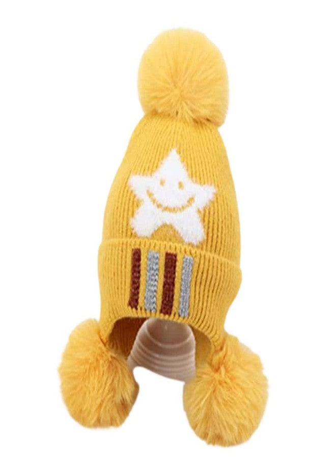 FINIX Kids Boy's & Girl's Winter Warm Star design 3 Pom Pom Fur Cap (Yellow)-(1-3 Years) - Image 2