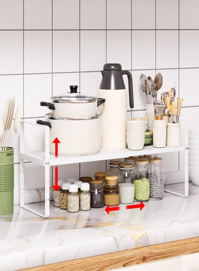 KMUZAWN Expandable Cabinet Shelf Organizer Rack, Stackable Kitchen Counter Storage Shelves Stand, Adjustable Height Pantry Shelf Spice Rack(White-1 Pack, 8.7" D x 15.4-26.8" W x 9.8" H) - Image 1