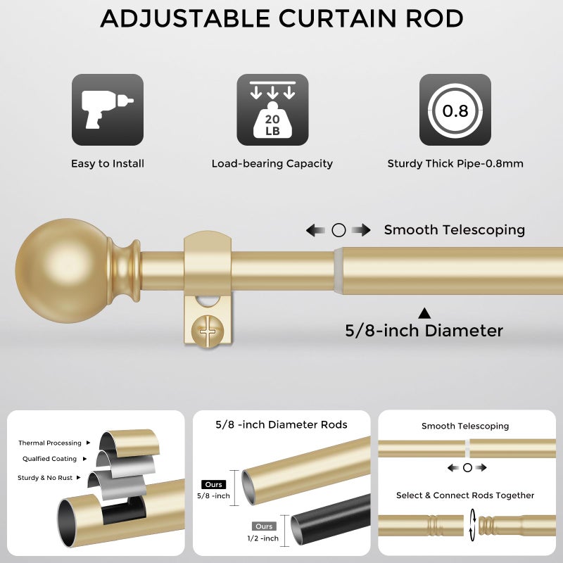JRZOO Gold Curtain Rod for Windows 18-45 Inch, 5/8 Inch Small Window Treatment Rods, Short Adjustable Splicing Drapery pole, Brass Gold - Image 5