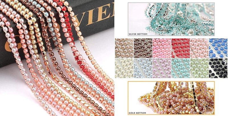 Diy Crafts 15227 9 Colors Pearl Copper Rhinestone Chain Base Cup Pearl Chain for Sewing Diy Garment Accessories Trim, 10 Yards, Sapphire - (Gold) - Image 5