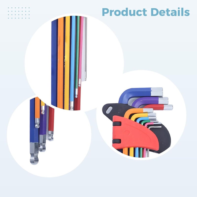 9-Piece Hex Key Set With Ball End And Color Coded Design, Steel Allen Wrench, Long Arm, Metric Sizes, Industrial Grade - Image 1