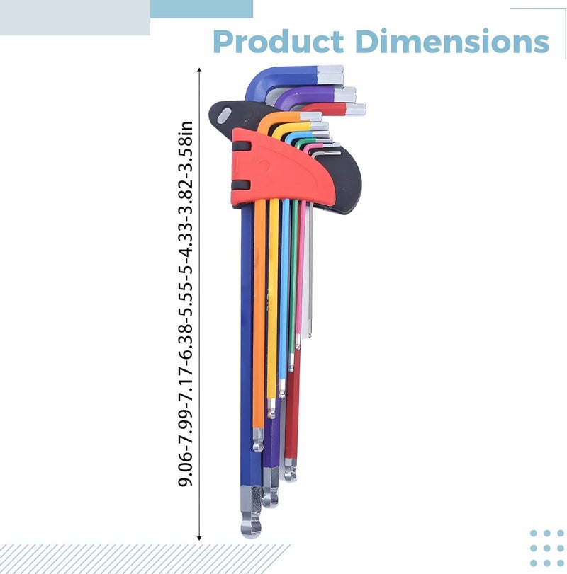 9-Piece Hex Key Set With Ball End And Color Coded Design, Steel Allen Wrench, Long Arm, Metric Sizes, Industrial Grade - Image 4