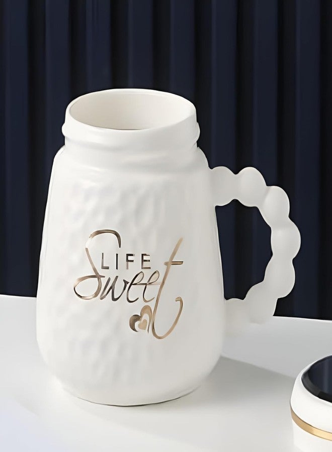Wosta "Sweet Life Coffee Mug, Mugs for Coffee, Birthday Gift, Coffee Mug with Lid, Coffee Mugs, Tea Mug, Cups and Mugs, Ceramic Coffee Mug, Cute Coffee Mug, Tea Mugs 400 Ml (White) - Image 2