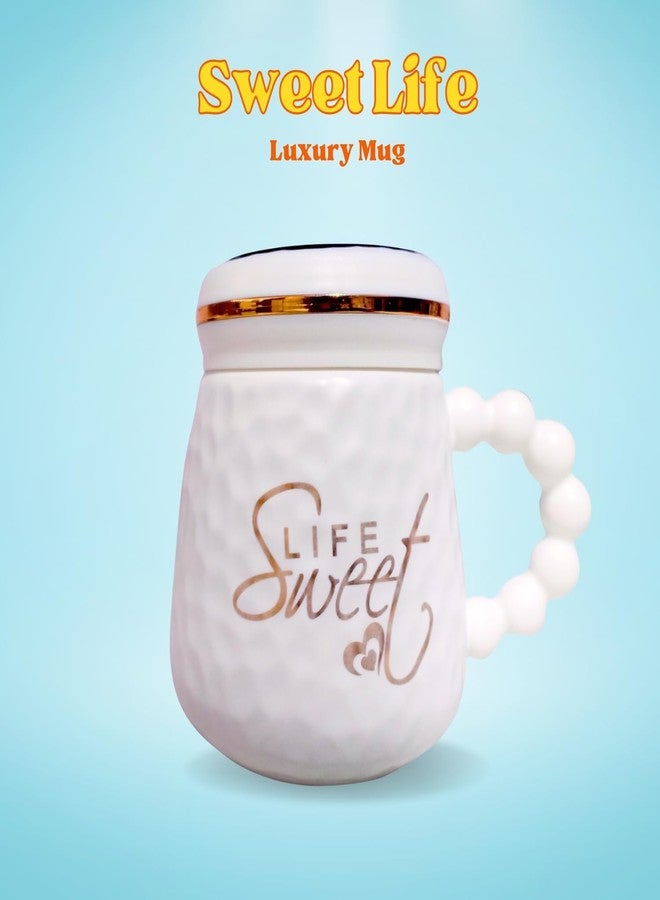 Wosta "Sweet Life Coffee Mug, Mugs for Coffee, Birthday Gift, Coffee Mug with Lid, Coffee Mugs, Tea Mug, Cups and Mugs, Ceramic Coffee Mug, Cute Coffee Mug, Tea Mugs 400 Ml (White) - Image 4