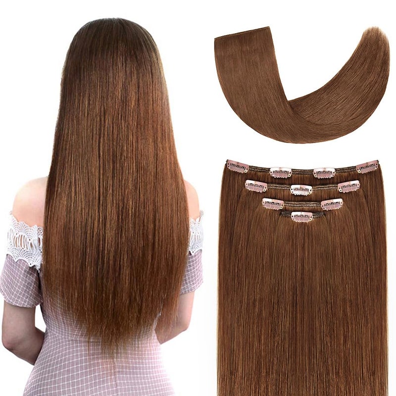 Winsky 20 Clip in Hair Extensions Remy Human Hair for Women Silky Straight Long Human Hair Clip on Extensions 75grams 4pieces Light Brown 6 Color