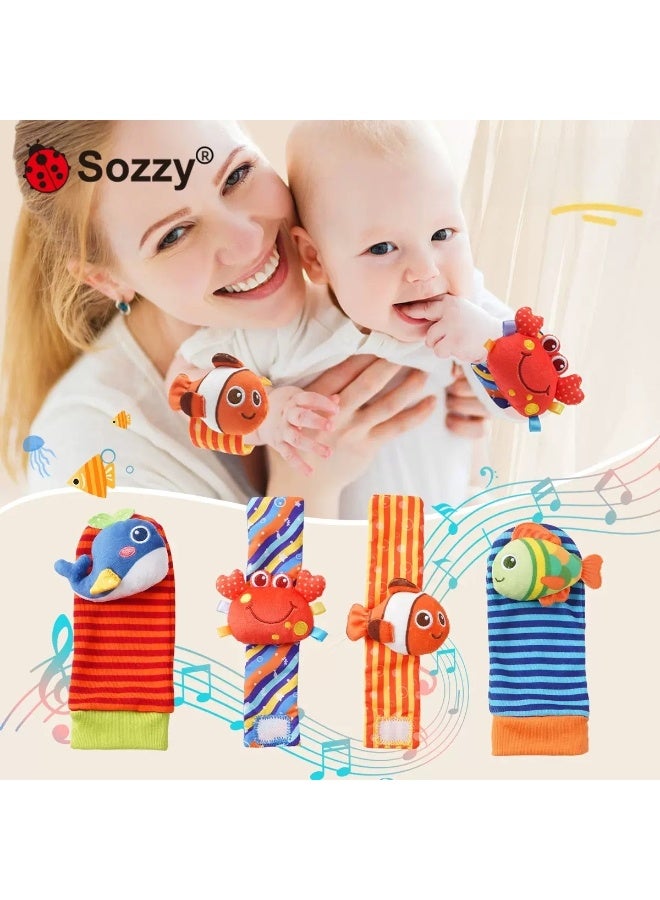 سوزي مجموعة أساور وجوارب أطفال رضع من سلسلة المحيط Sozzy، ألعاب ورق مجعد ناعمة تصدر أصوات، رسوم حيوانات بحرية لطيفة، لعبة تعليمية حسيّة لحديثي الولادة - Image 1