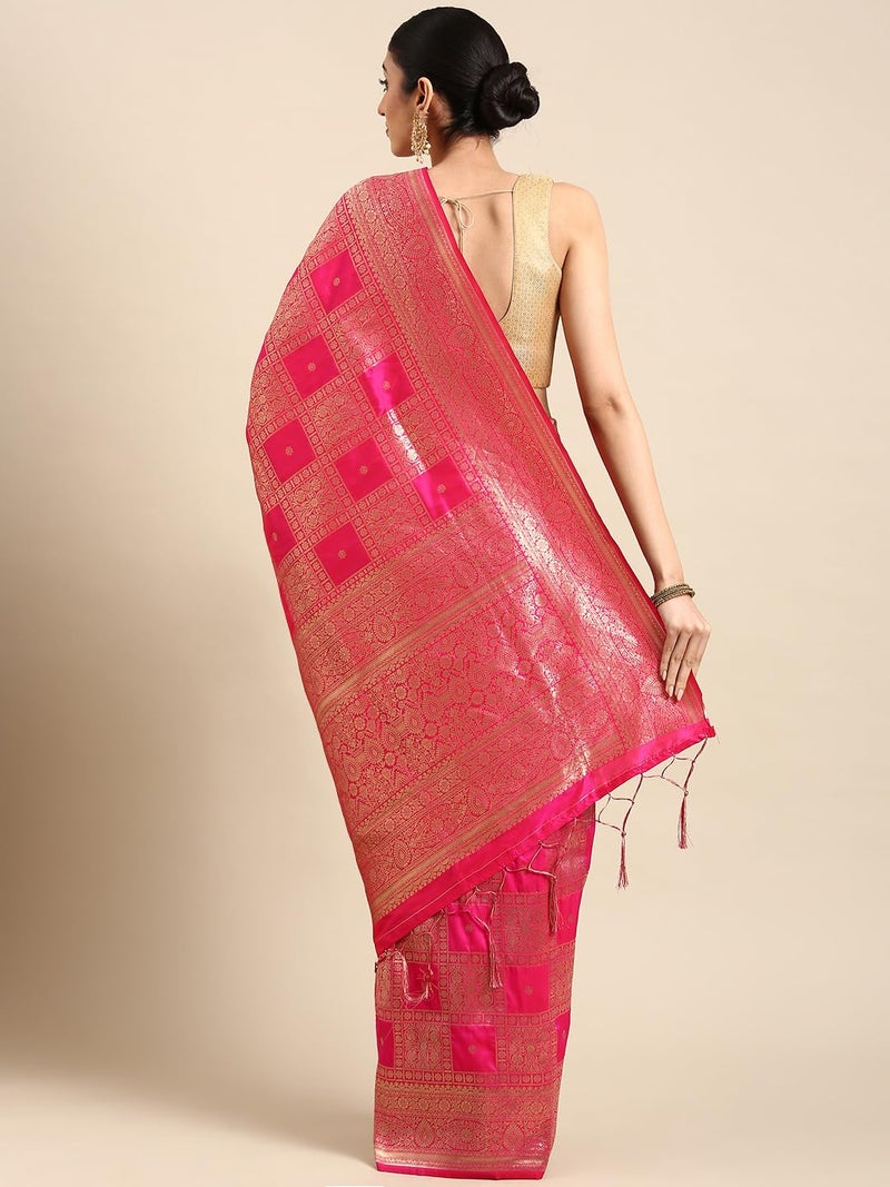 AMIRAT Women's Banarasi Silk Woven Zari Saree | Banarasi Silk New Look And Heavy Designer Saree With Unstitched Blouse Piece (Pink) - Image 4