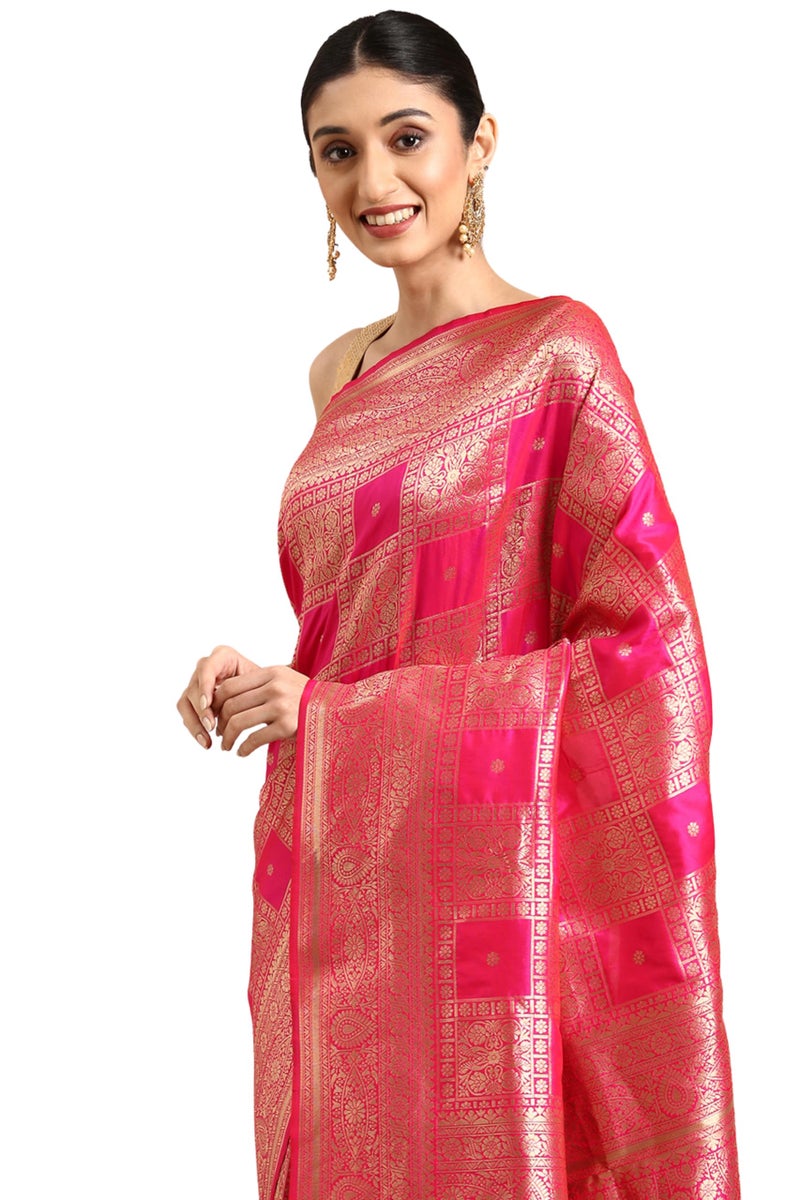 AMIRAT Women's Banarasi Silk Woven Zari Saree | Banarasi Silk New Look And Heavy Designer Saree With Unstitched Blouse Piece (Pink) - Image 1