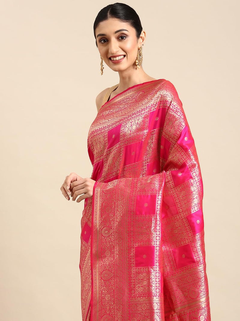 AMIRAT Women's Banarasi Silk Woven Zari Saree | Banarasi Silk New Look And Heavy Designer Saree With Unstitched Blouse Piece (Pink) - Image 3
