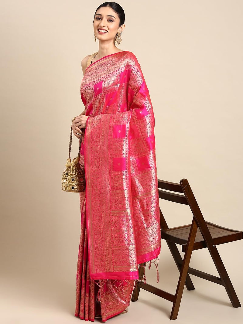 AMIRAT Women's Banarasi Silk Woven Zari Saree | Banarasi Silk New Look And Heavy Designer Saree With Unstitched Blouse Piece (Pink) - Image 2