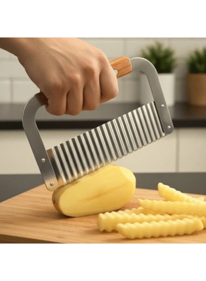 قاطع خضار متموّج بمقبض خشبي – سكين تمويج لتقطيع البطاطس والخضروات والفواكه – شفرة فولاذ مقاوم للصدأ - Image 2