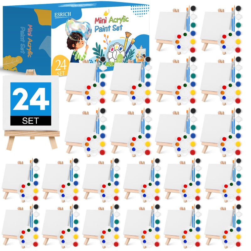 ESRICH 24 Set Mini Acrylic Paint Kit, Mini Stretched Canvas with Easel, Valentines Day Gifts, Acrylic Paint Strips, Paint Palettes, Painting Brushes, Canvas and Easel Set for Kids Artists Beginner - Image 1
