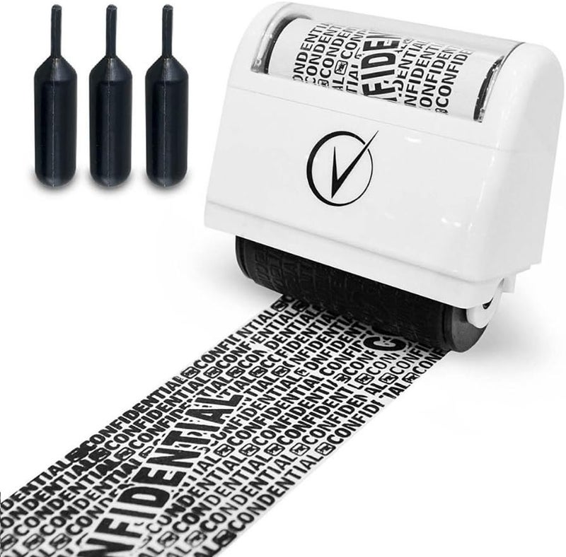 Vantamo Identity Theft Protection Roller Stamps Wide Kit, Including 3-Pack Refills - Confidential Roller Stamp, Anti Theft, Privacy & Security Stamp, Designed for ID Blackout Security - Classy White - Image 1