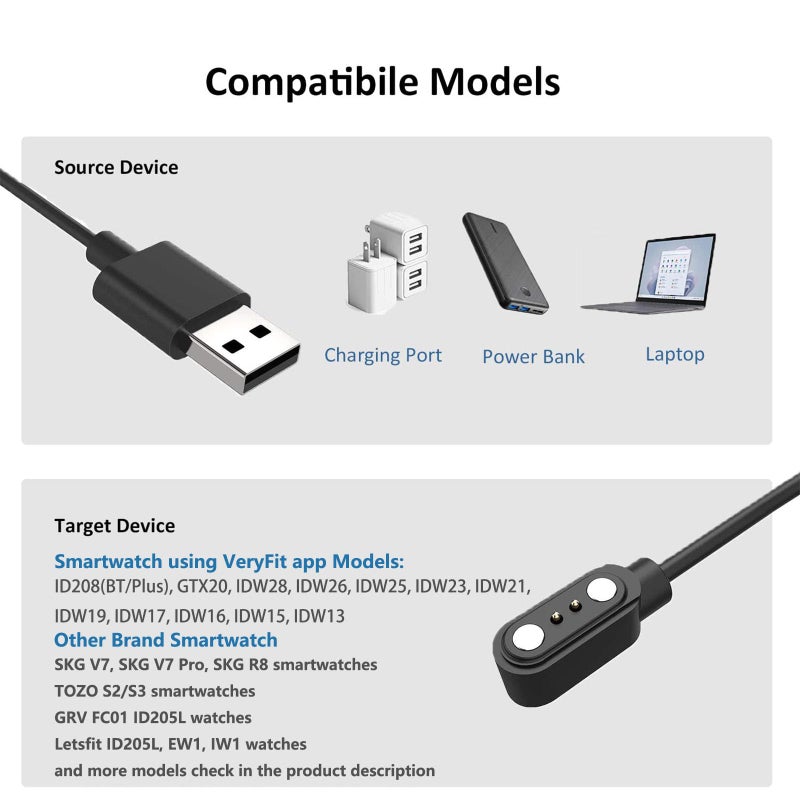 VBANU VeryFit Smartwatch Charger, Fit for ID208, GTX20, IDW13/15/16/17, IDW19/20/25/26/28 and More, Replacement Magnetic USB Cable for Fast and Easy Charging, 3.3 ft, (ID-cableX2) - Image 4