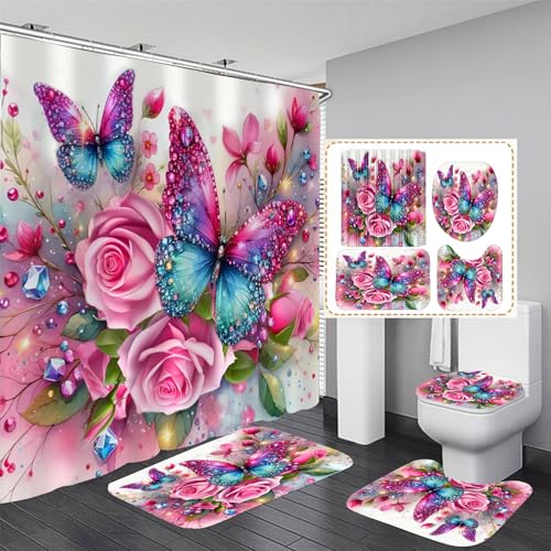 DDQQ 4Pcs Pink Glitter Floral Shower Curtain Set Rose Bathroom Sets Butterfly Diamond Shower Curtain with 12 Hooks Bathroom Decor with Rugs Bath Accessories with Mats Toilet Lid Cover - Image 1