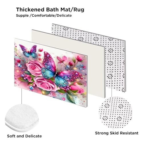 DDQQ 4Pcs Pink Glitter Floral Shower Curtain Set Rose Bathroom Sets Butterfly Diamond Shower Curtain with 12 Hooks Bathroom Decor with Rugs Bath Accessories with Mats Toilet Lid Cover - Image 3