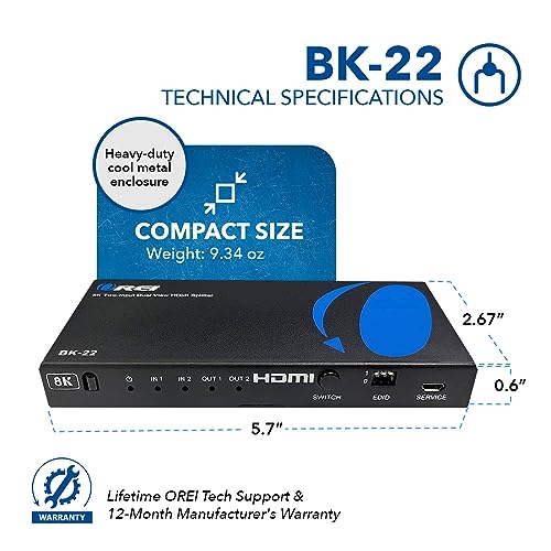 OREI 8K HDMI Splitter 2 in 2 Out, Resolutions Up to 4K at 120Hz, Dolby Vision Pass-Through, HDCP 2.3, Auto EDID Management, Does Not Extend Display (BK-22) - Image 5