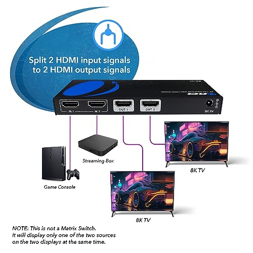 OREI 8K HDMI Splitter 2 in 2 Out, Resolutions Up to 4K at 120Hz, Dolby Vision Pass-Through, HDCP 2.3, Auto EDID Management, Does Not Extend Display (BK-22) - Image 3