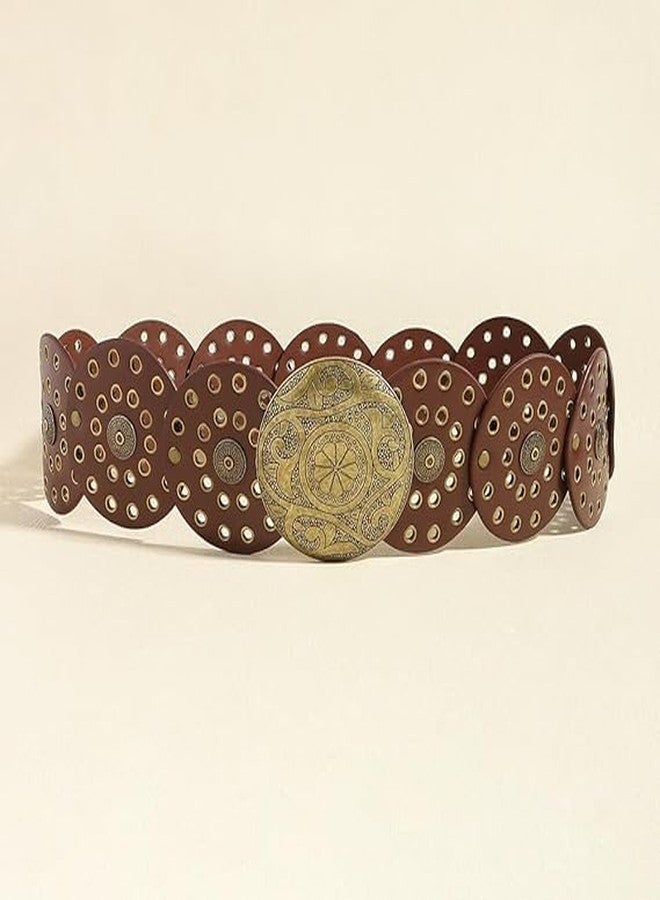 Mealah Women Wide-Disc Western-Belts - Vintage Hollow-Rivet Cowgirl-Boho-PU-Leather-Belt for Dress Jeans - Image 4