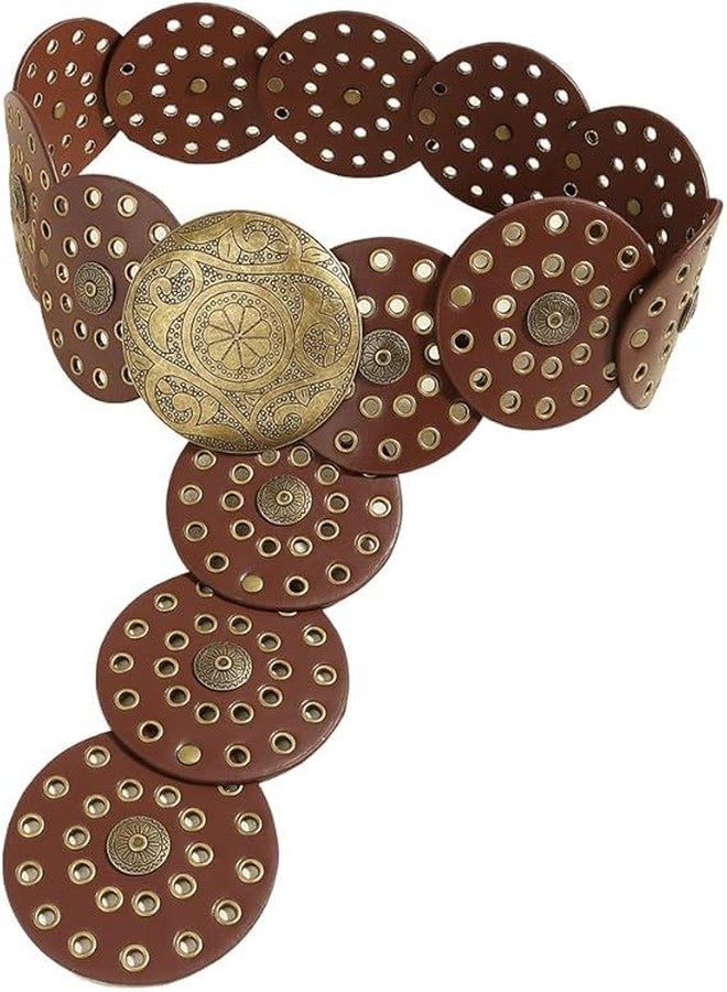 Mealah Women Wide-Disc Western-Belts - Vintage Hollow-Rivet Cowgirl-Boho-PU-Leather-Belt for Dress Jeans - Image 1