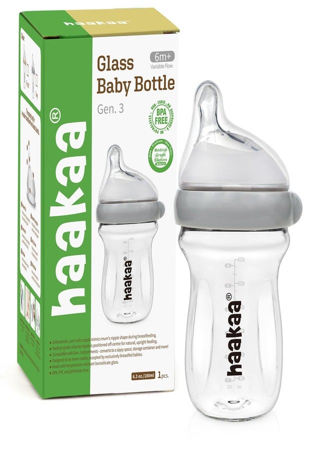 haakaa Gen.3 Natural Glass Baby Bottle 6.3 oz.180ml - Wide Neck, Anti-Colic Varibale Flow Nipple for 6m+ Breastfed Babies, Newborn Registry Essentials,BPA-Free -1 PK - Image 1