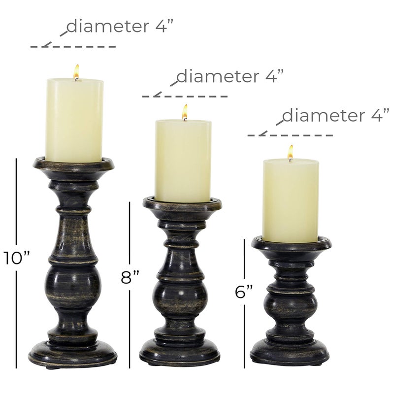Deco 79 Mango Wood Decorative Candle Holder Distressed Turned Pillar Candle Stand, Set of 3 Candlestick Holder 6", 8", 10"H, Black - Image 3