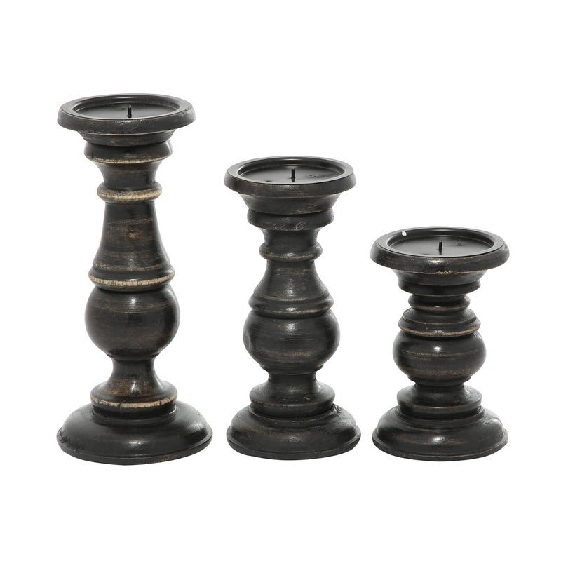 Deco 79 Mango Wood Decorative Candle Holder Distressed Turned Pillar Candle Stand, Set of 3 Candlestick Holder 6", 8", 10"H, Black - Image 4