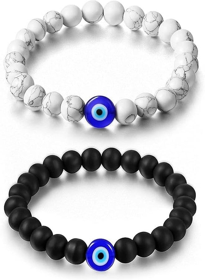 BEAUTIVIA Valentine Gift Evil Eye Beaded Bracelet for Men, Stone Beads for Women Long Distance Relationships Couples Bracelets Set of 2 Couples Gift bestfriends two Couple Bracelet - Image 1