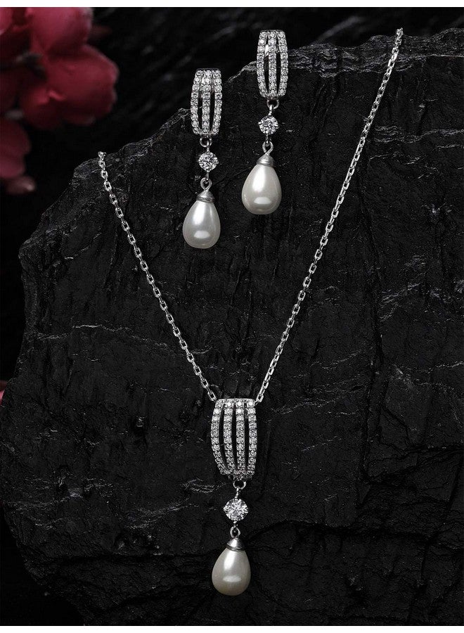 CLARA 925 Sterling Silver Pearl Queen Pendant Earring Chain Jewellery Set | Rhodium Plated, Swiss Zirconia | Gift for Women & Girls - Image 3