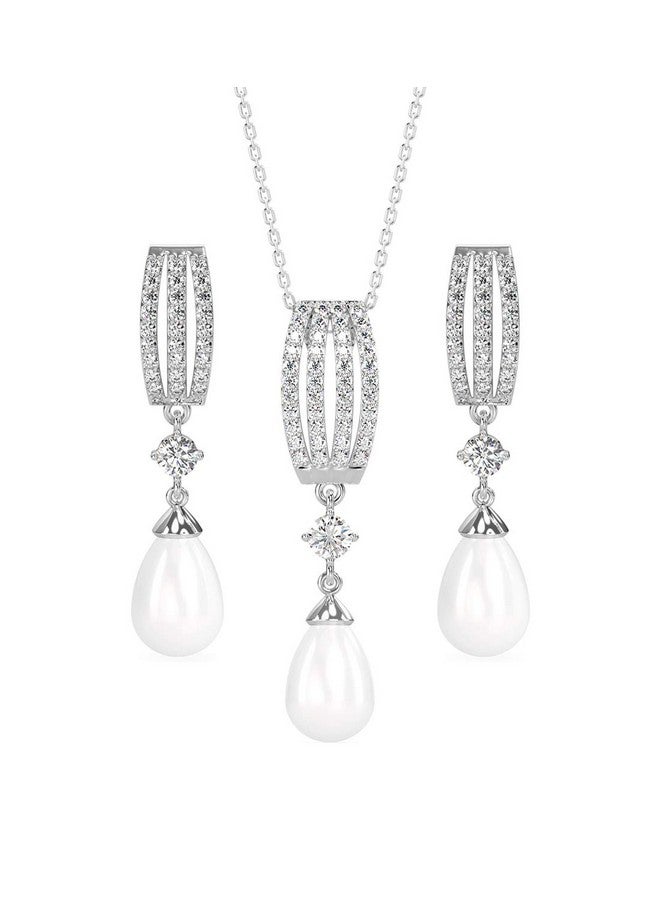 CLARA 925 Sterling Silver Pearl Queen Pendant Earring Chain Jewellery Set | Rhodium Plated, Swiss Zirconia | Gift for Women & Girls - Image 1