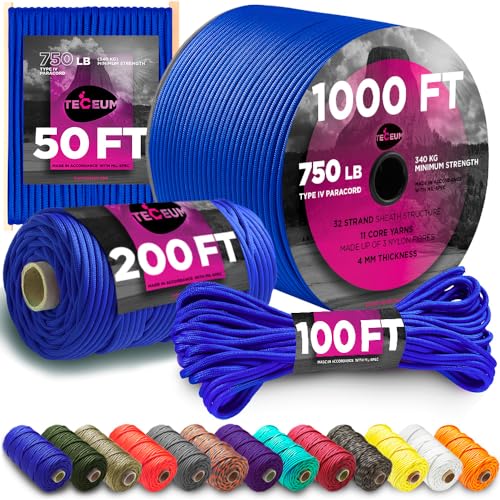 TECEUM Paracord Type IV 750 lb Simple Blue – 100 ft – 4mm – Nylon Strong Tactical MIL–SPEC Parachute Cord – Survival Rope Emergency para Cord 11 Strands Core EDC Camping Hiking Military Gear 001a - Image 1