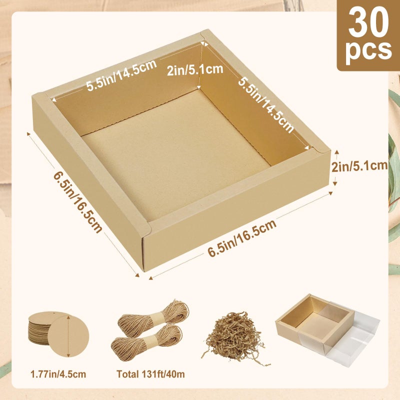 biguphate 30 Sets Kraft Paper Cardboard Boxes, Inner Dims are 5.5" x 5.5" x 2" Gift Boxes with Clear Window, Homemade Soap Box with Blank Tags,Jute String & Raffia, Gift Boxes for Jewelry, Candy, Wrapping Party Favor - Image 2
