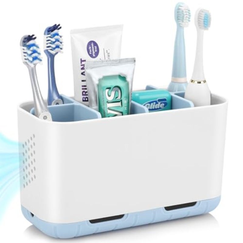 Electric Toothbrush Holder for Bathroom Organizer Countertop, Detachable Anti-Slip Toothpaste Storage Caddy 6 Slots White with Drainage Holes for Makeup Brush Razor Stand - Image 1