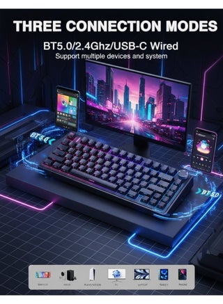 لوحة مفاتيح ميكانيكية AULA F75 PRO بحجم 75%، لوحة ألعاب لاسلكية قابلة للتبديل السريع مع حشوات (Washers)، إضاءة RGB خلفية، تصميم بخمس طبقات من الوسائد، أغطية مفاتيح PBT، تدعم Bluetooth / 2.4GHz / USB-C، مفاتيح قابلة للتبديل السريع مع إضاءة RGB، مزودة بمفاتيح Reaper، لوحة مفاتيح مخصصة للألعاب (أسود متدرج). - view 4
