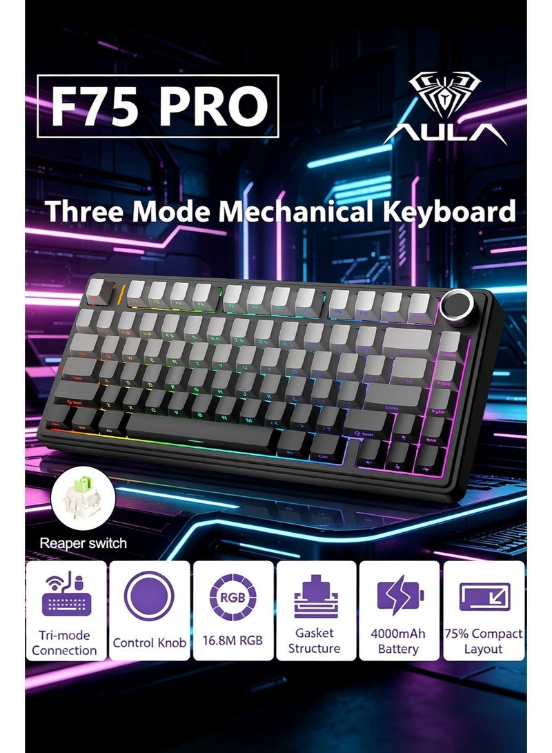 AULA F75 PRO Mechanical Keyboard 75% Wireless Gaming Keyboard Hot-swappable with Washers, RGB Backlighting 5-Layer Pads PBT Keycaps Bluetooth/2.4GHz/USB-C Hot-swappable Keyboard Switch RGB, Reaper Switches Gamer-Specific Keyboard (Gradient Black) - Image 1