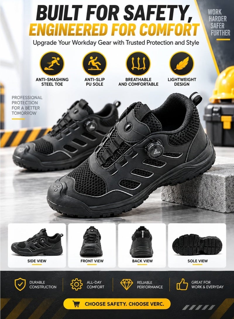 Steel Toe Safety Shoes, Puncture-Resistant Low-Top Work Shoes with Breathable Mesh and Synthetic Upper, Rotary Dial Cable Closure and Rubber Outsole, Black - Image 4