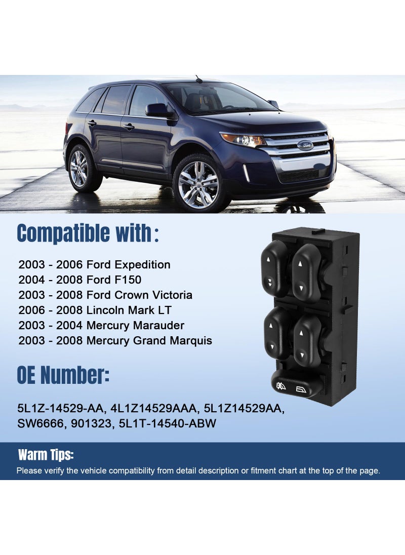 LCWRGS LCWRGS Power Window Switch for Ford F150 2004-2008, Ford Expedition 2003-2006, Ford Crown Victoria 2003-2008, Front Driver Side Master Switch, 5L1Z14529AA  - Image 2