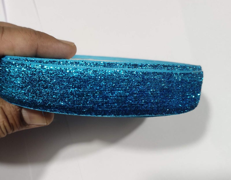 OMX Roll of Sparkle Glitter Ribbon Patti Lace (18 Meters) (Border) with 2.5cm (1 Inch) Width, Saree Border, Party Decoration, Craftwork (Turqoise Blue) - Image 2