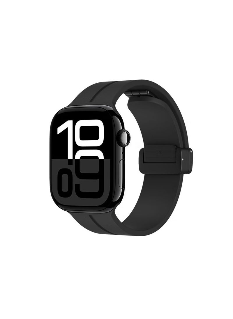 Waldic - Soft Silicone Sport Watch Band with Magnetic Buckle Fits Apple Watch Ultra 2/Ultra Series 9/8/SE 2nd Gen/7/SE/6/5/4/3/2/1 Compatible with 42/44/45/49mm Case Sizes Also Compatible with Series 10 with 46mm Case Size - Black - Image 1
