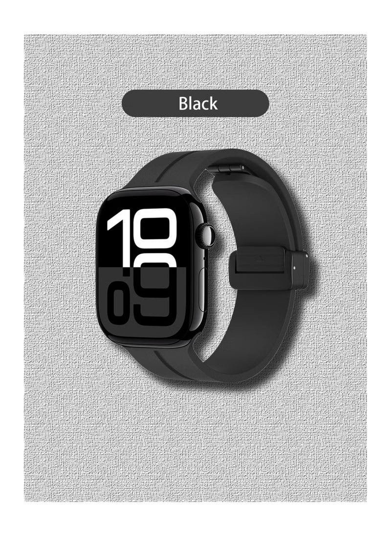 Waldic - Soft Silicone Sport Watch Band with Magnetic Buckle Fits Apple Watch Ultra 2/Ultra Series 9/8/SE 2nd Gen/7/SE/6/5/4/3/2/1 Compatible with 42/44/45/49mm Case Sizes Also Compatible with Series 10 with 46mm Case Size - Black - Image 1