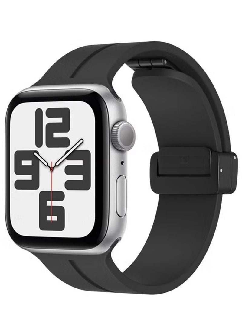 Waldic - Soft Silicone Sport Watch Band with Magnetic Buckle Fits Apple Watch Ultra 2/Ultra Series 9/8/SE 2nd Gen/7/SE/6/5/4/3/2/1 Compatible with 42/44/45/49mm Case Sizes Also Compatible with Series 10 with 46mm Case Size - Black - Image 1