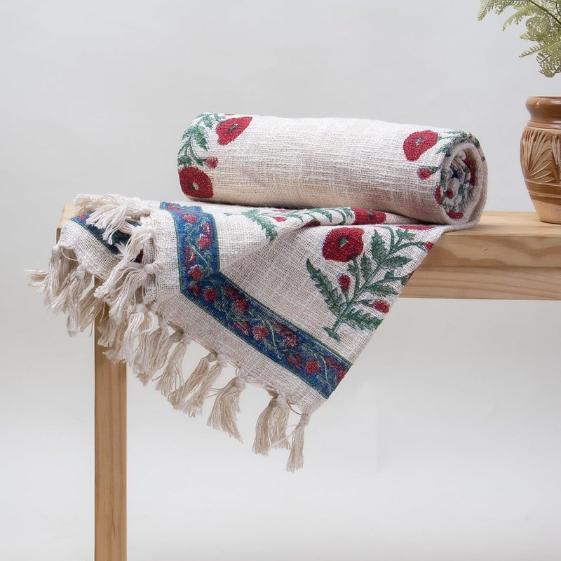 DMAASA Pure Cotton Cherry Red Purple Floral Printed Sofa Throw Blue Bordered 50x70 Inch 127x178 cm Tasseled Decorative Throw Blanket for Sofa Couch Chair and More Lightweight Breathable - Image 1