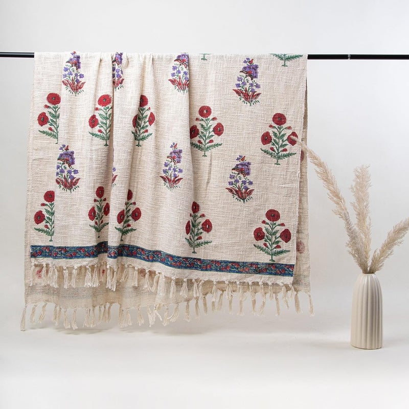 DMAASA Pure Cotton Cherry Red Purple Floral Printed Sofa Throw Blue Bordered 50x70 Inch 127x178 cm Tasseled Decorative Throw Blanket for Sofa Couch Chair and More Lightweight Breathable - Image 5