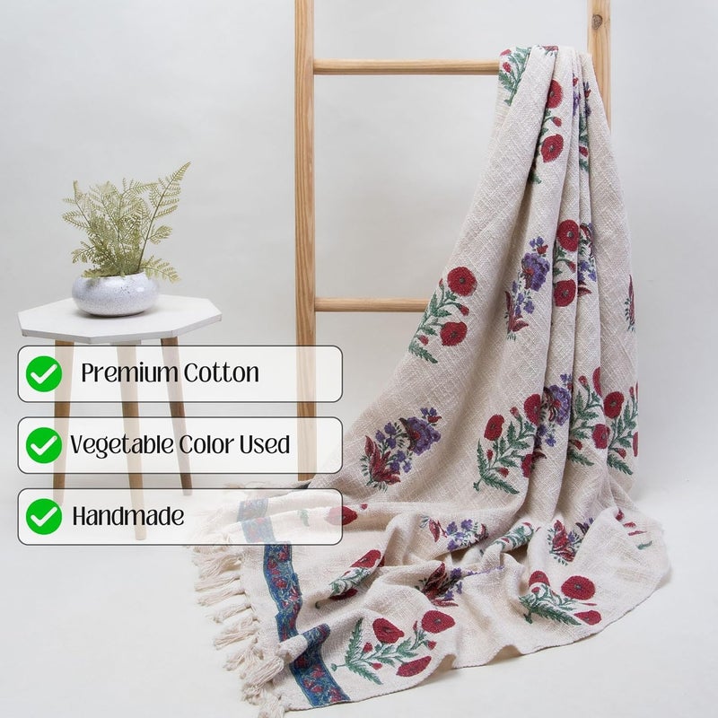 DMAASA Pure Cotton Cherry Red Purple Floral Printed Sofa Throw Blue Bordered 50x70 Inch 127x178 cm Tasseled Decorative Throw Blanket for Sofa Couch Chair and More Lightweight Breathable - Image 4