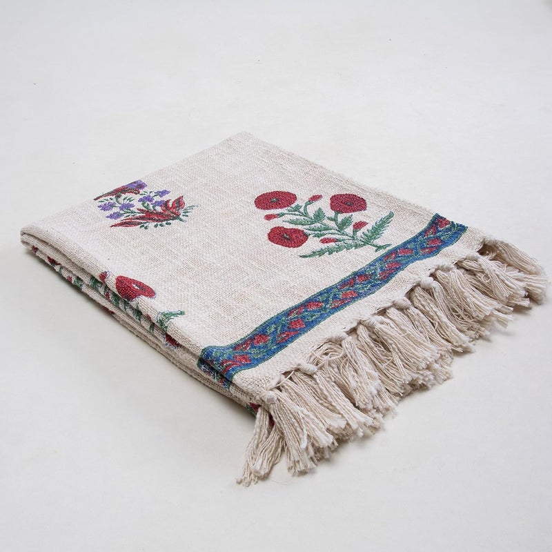 DMAASA Pure Cotton Cherry Red Purple Floral Printed Sofa Throw Blue Bordered 50x70 Inch 127x178 cm Tasseled Decorative Throw Blanket for Sofa Couch Chair and More Lightweight Breathable - Image 3