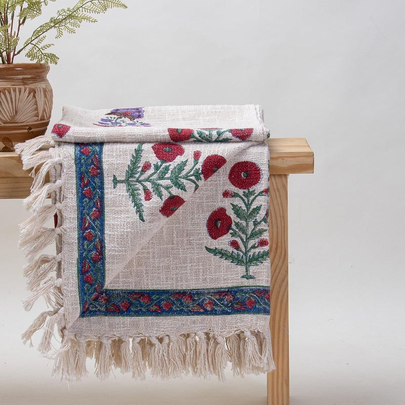 DMAASA Pure Cotton Cherry Red Purple Floral Printed Sofa Throw Blue Bordered 50x70 Inch 127x178 cm Tasseled Decorative Throw Blanket for Sofa Couch Chair and More Lightweight Breathable - Image 2