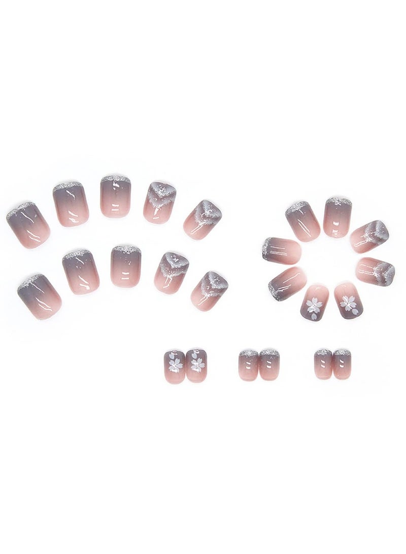 Generic 24 Pcs Flower Press on Nails Short Square Fake Nails Nude Purple Cloud Mountains Design French False Nails Full Cover Artificial Nails Stick on Nails for Women Girls Acrylic Nails Manicure Decorations - Image 3